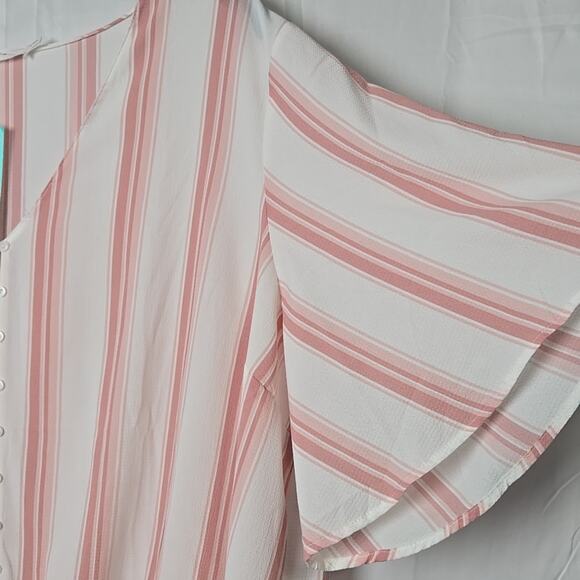 LUSH Krisantha Tie-Front Button Batwing Blouse Coral White Stripe Plus 3X New - Picture 3 of 6